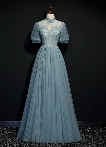 Luolandi High Quality Beaded Short Sleeves Formal Dress Tulle A-line Party Dress Prom Dress Charming Evening Dress